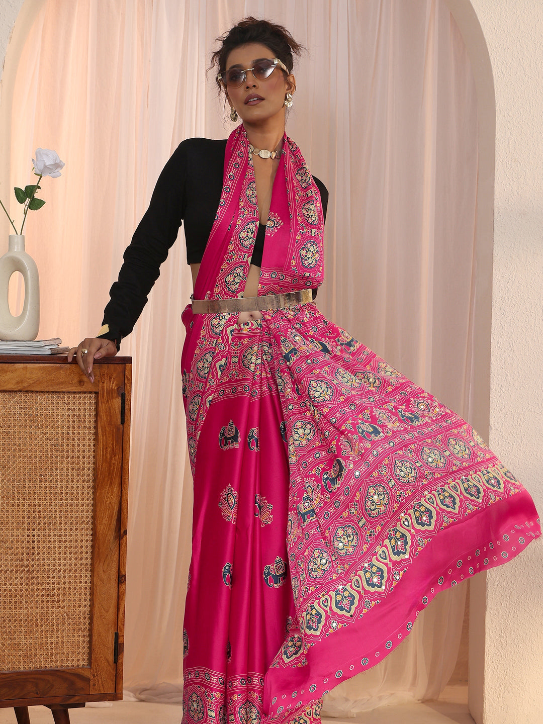 Libas Pink Mirror Work Ethnic Print Satin Saree