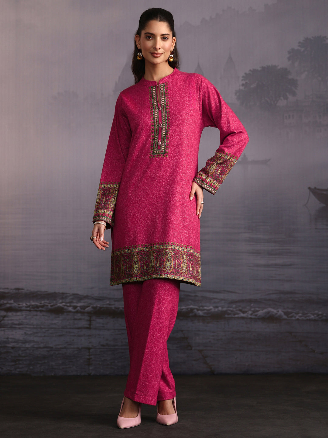 Libas Pink Paisley Printed Woolen Co-Ord Set