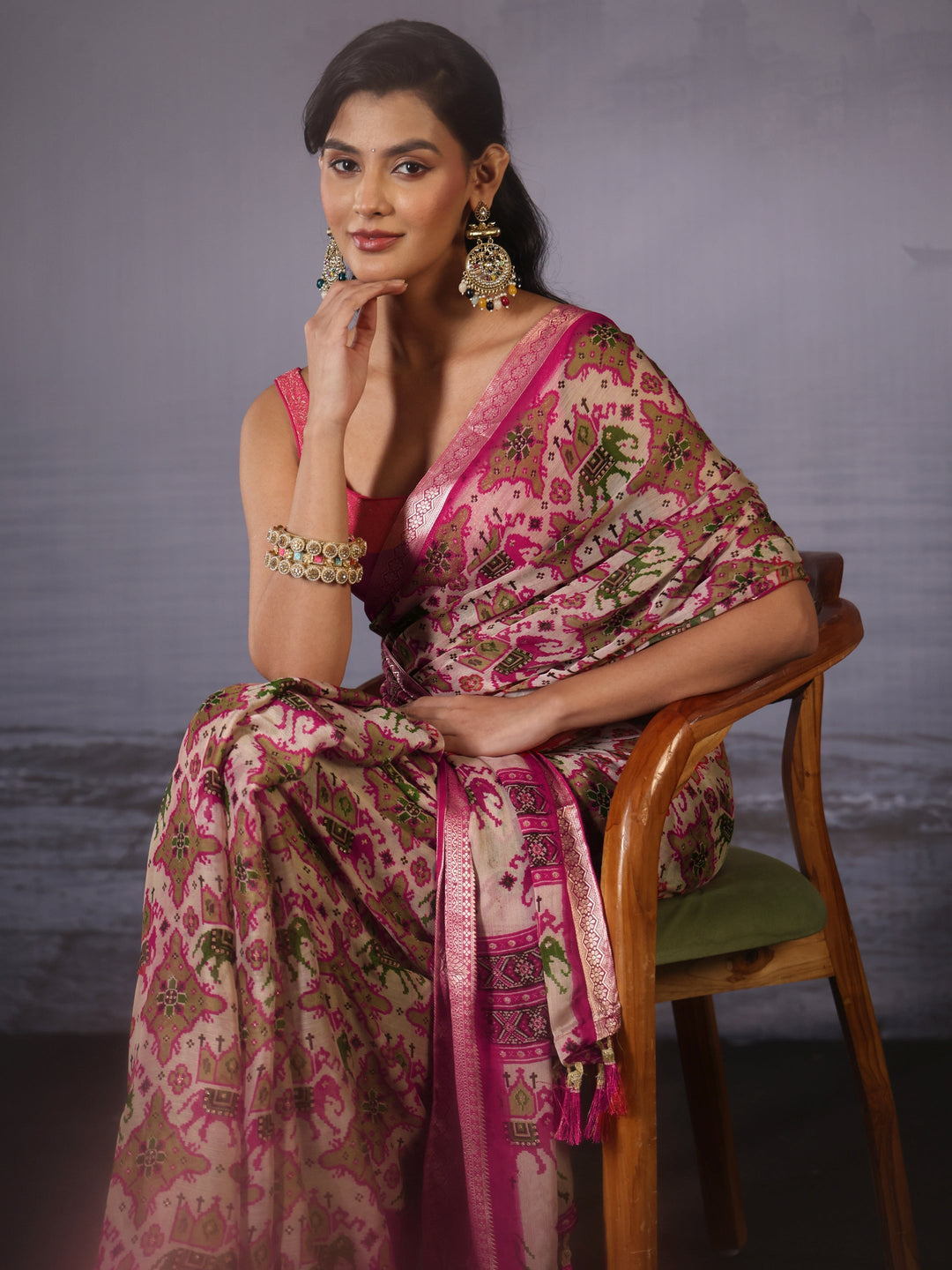 Libas Pink Patola Print Georgette Tassel Saree