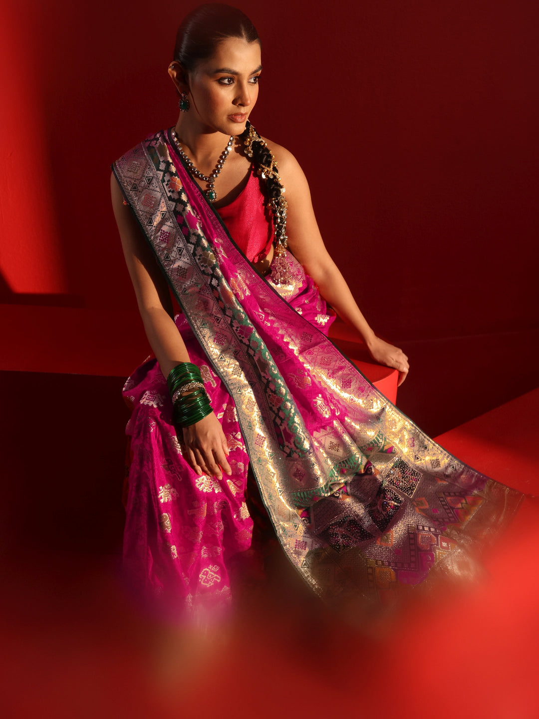 Libas Pink Patola Woven Design Silk Blend Saree with Stone Work