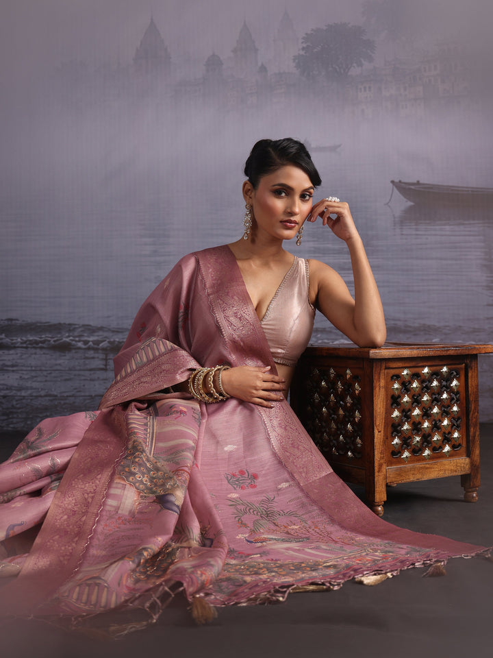 Libas Pink Peacock Printed Silk Blend Tassel Saree