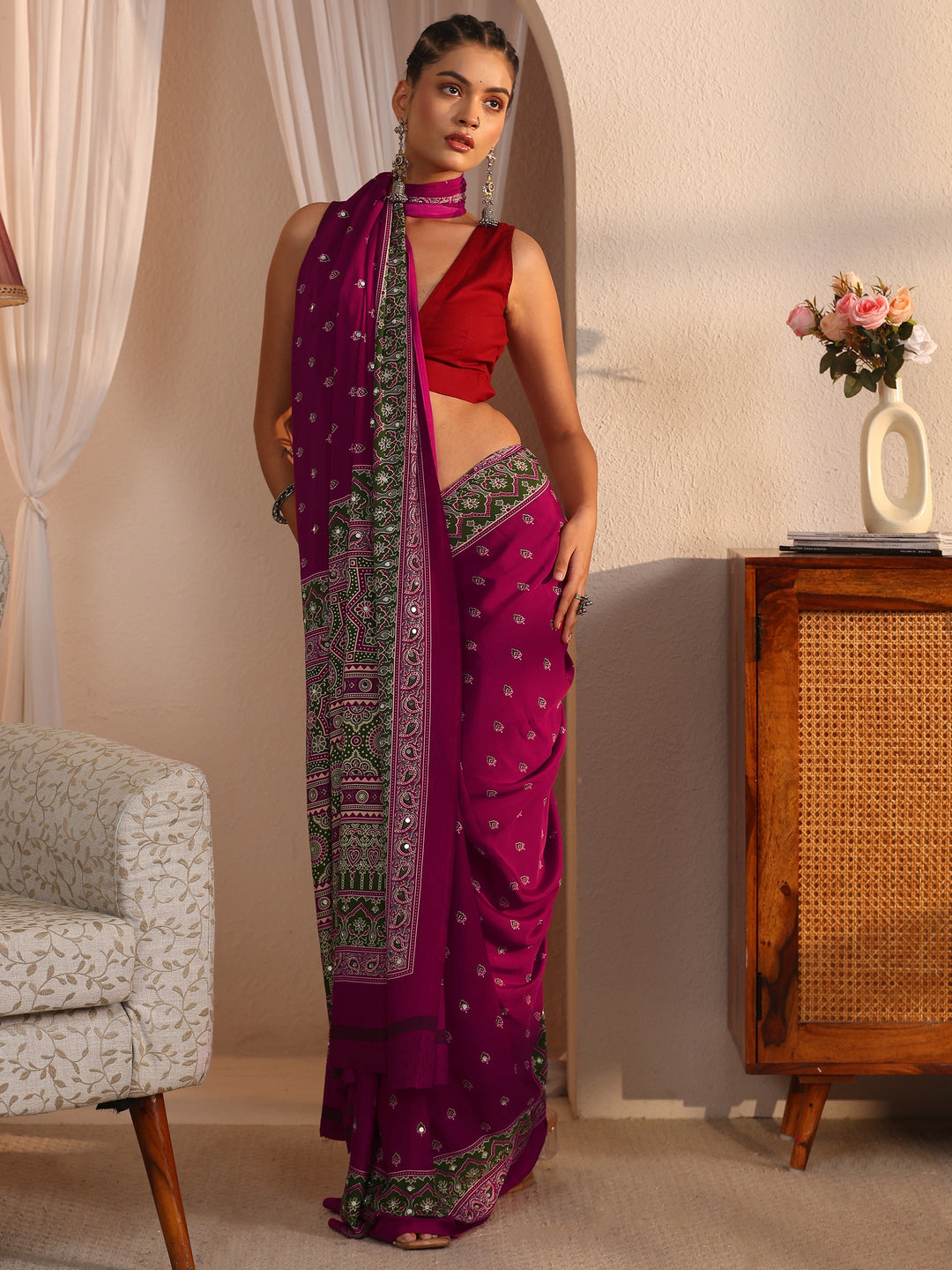 Libas Pink Printed Mirror Work Satin Saree