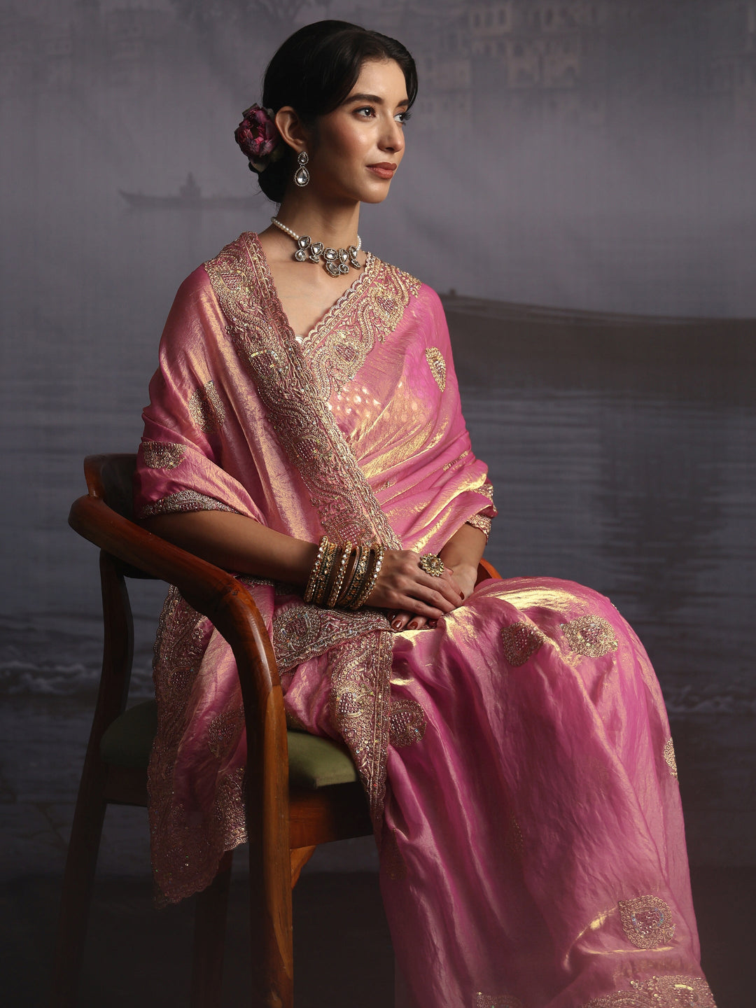 Libas Pink Sequin Embellished Tissue Saree