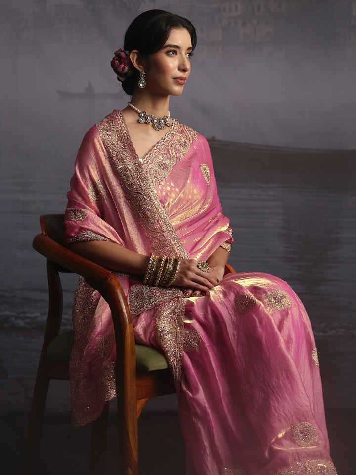 Libas Pink Sequin Embellished Tissue Saree
