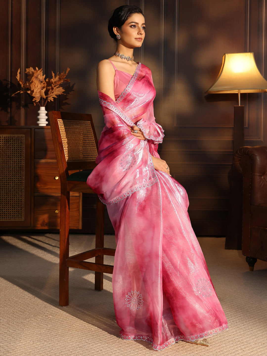 Libas Pink Stone Work Embellished Tissue Saree