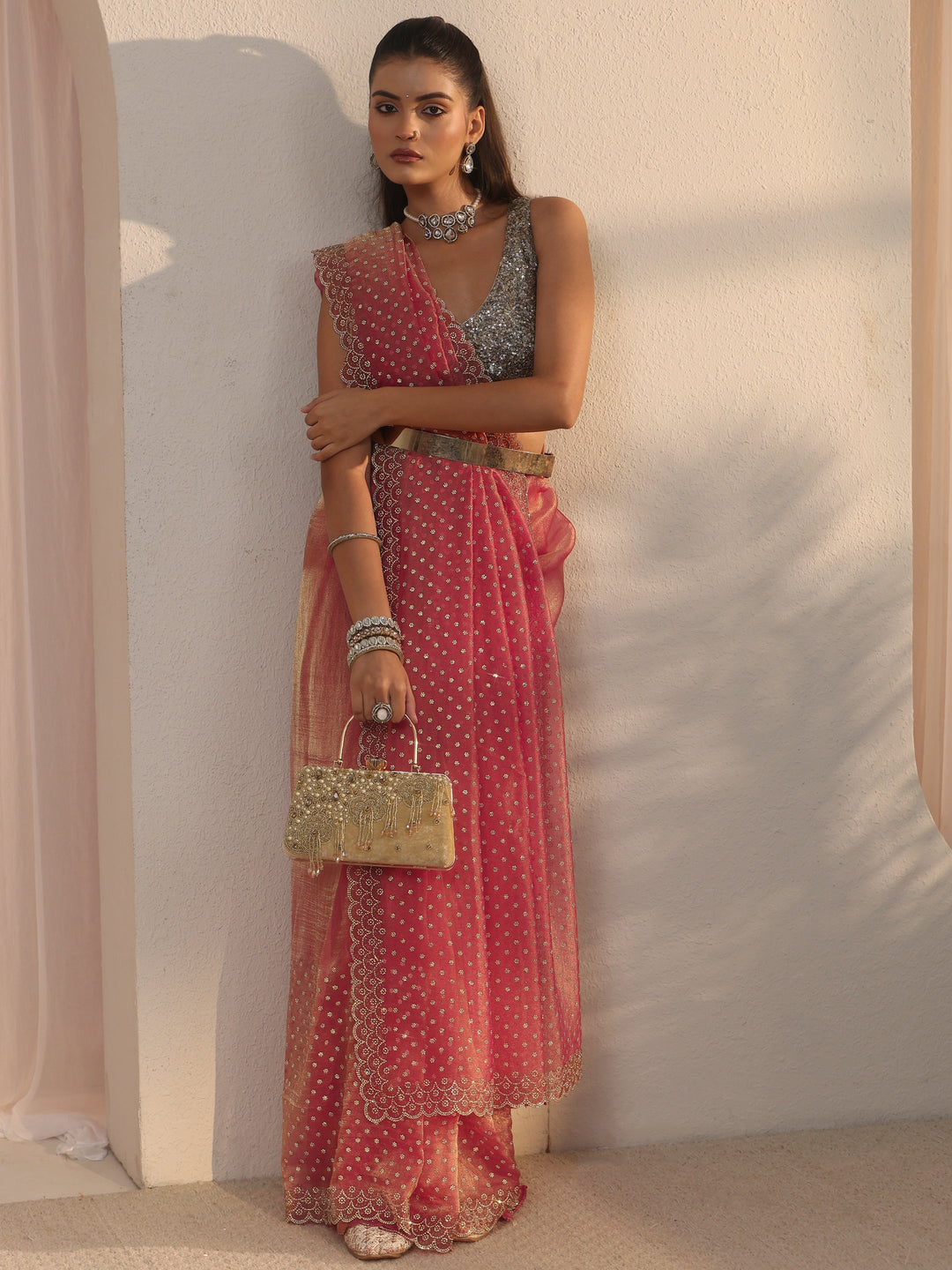 Libas Pink Stone Work Embellished Tissue Saree with Scalloped Border