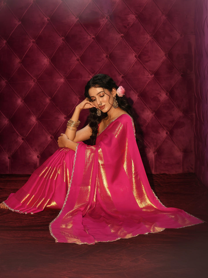 Libas Pink Striped Chiffon Saree with Embellished Border
