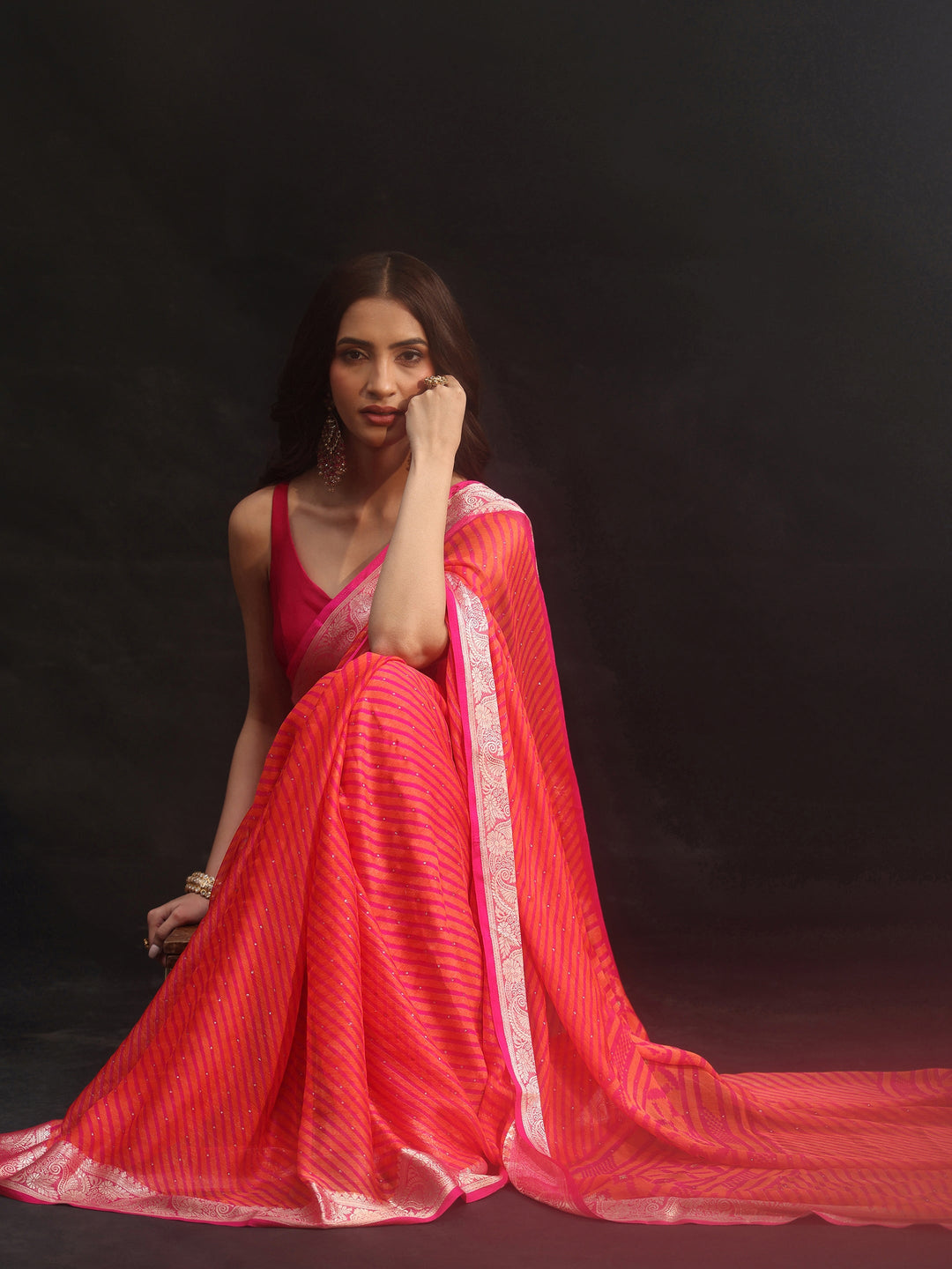 Libas Pink Striped Chiffon Saree with Paisley Border