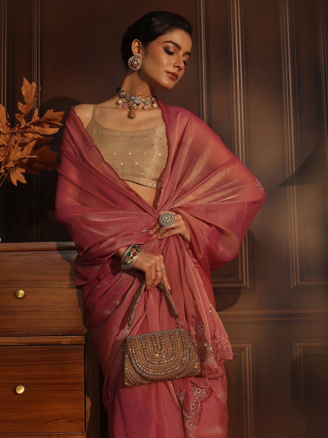 Libas Pink Tissue Saree with Floral Embroidered Border