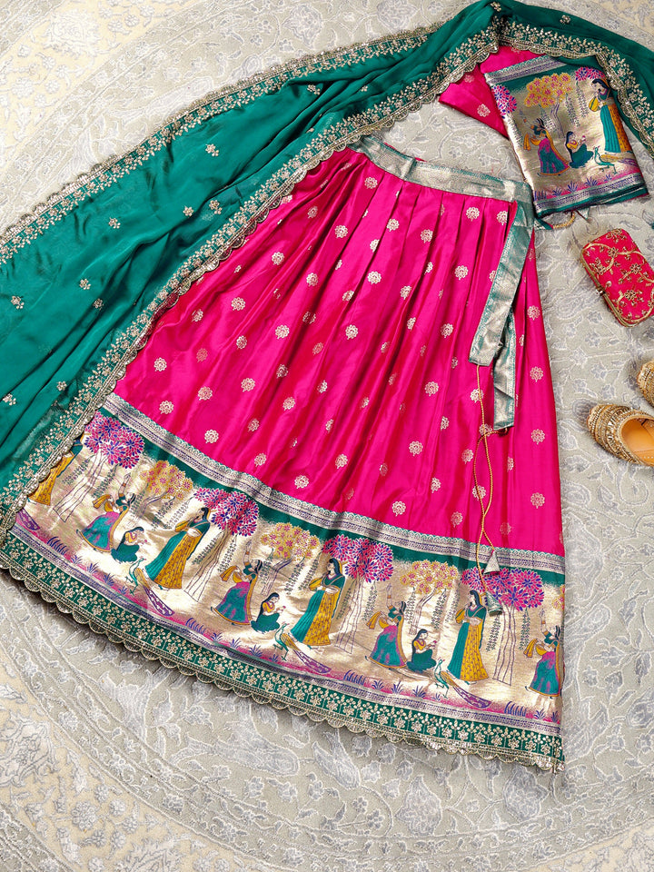 Libas Pink Tribal Printed Brocade Unstitched Lehenga Set