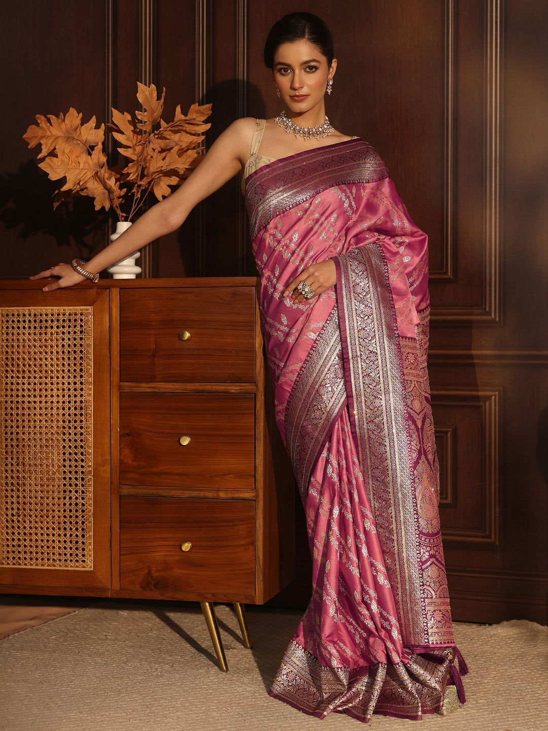 Libas Pink Woven Design Satin Tassel Saree