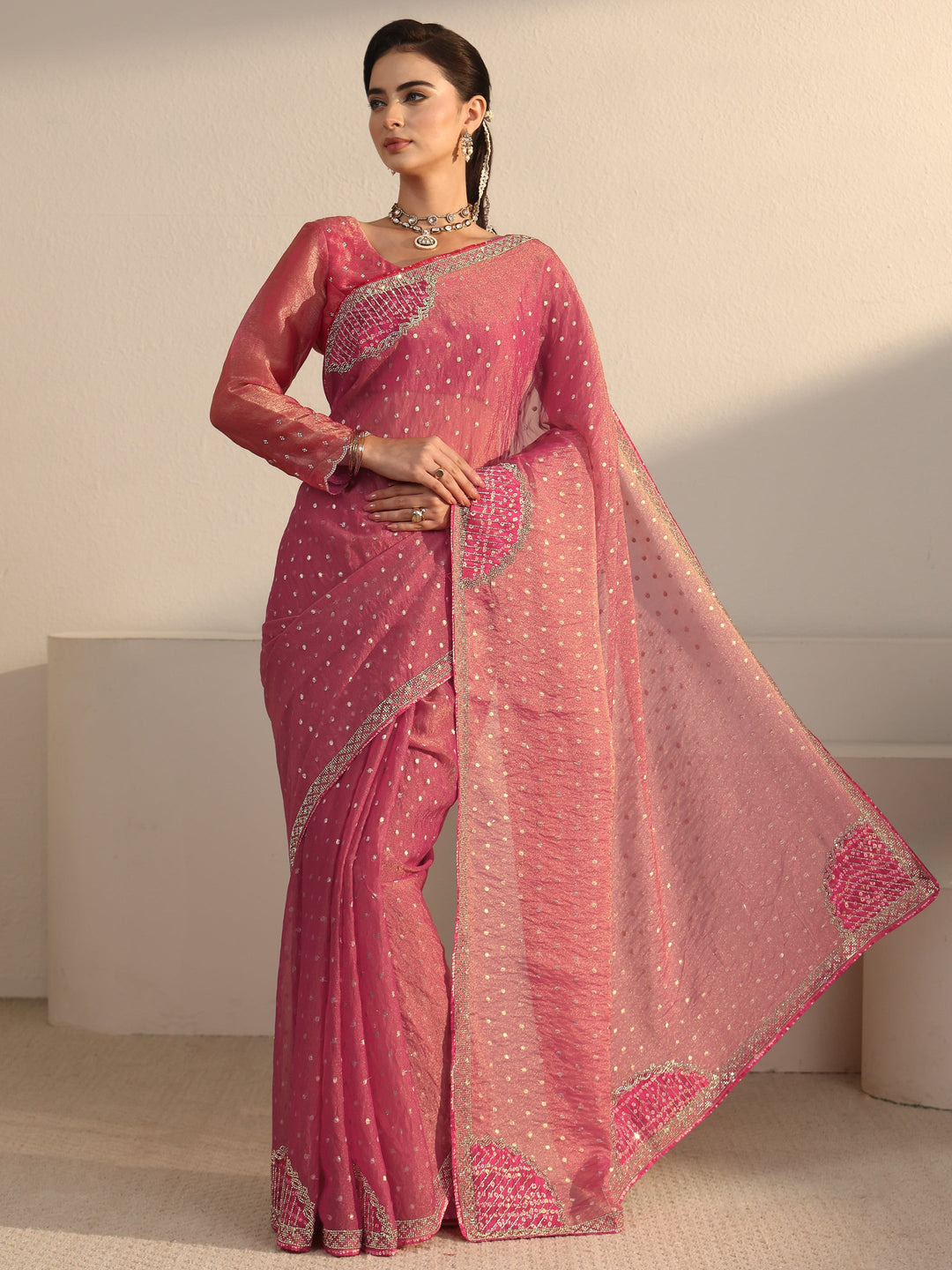 Libas Pink Woven Design Tissue Saree with Applique Design