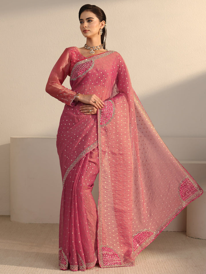 Libas Pink Woven Design Tissue Saree with Applique Design