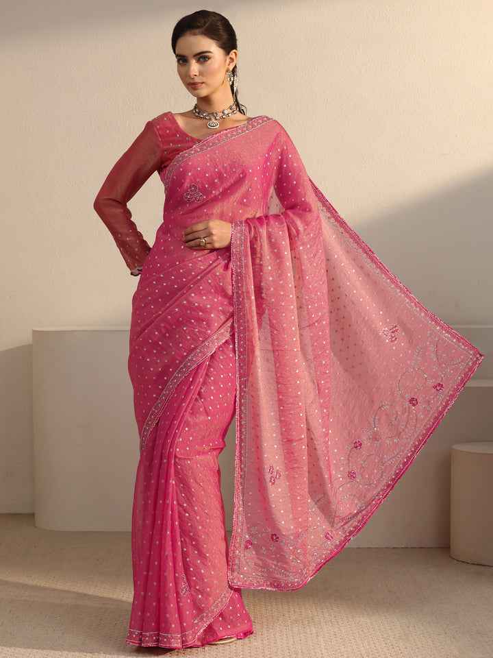 Libas Pink Woven Design Tissue Saree with Embellished Border