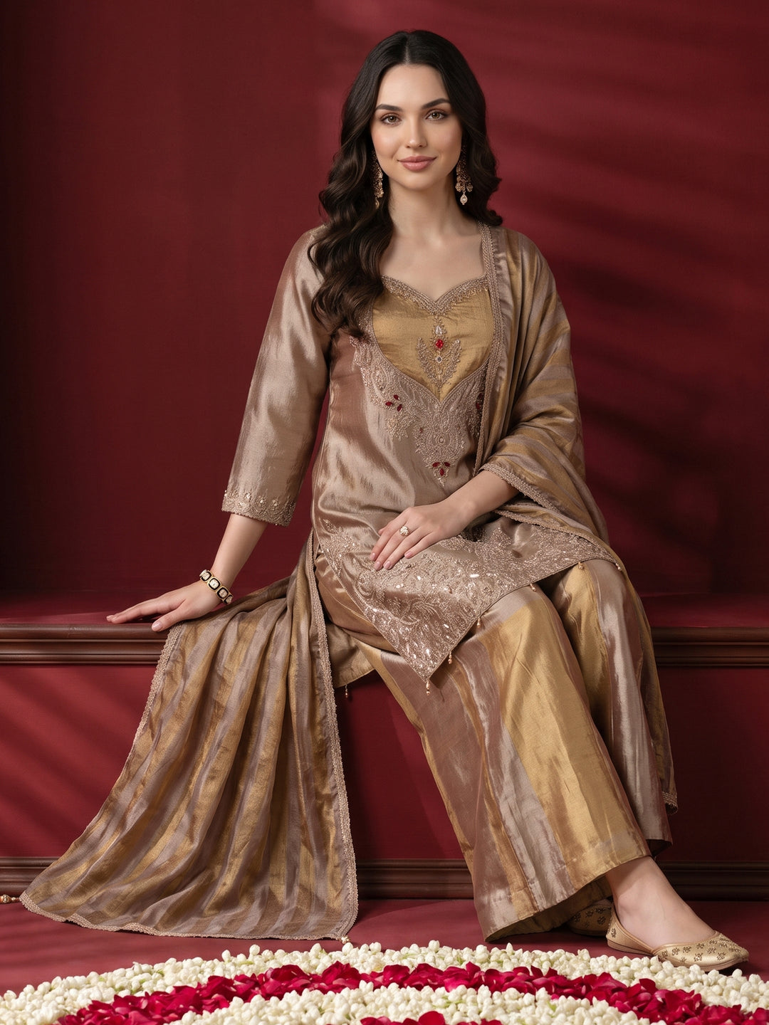 Libas Pink Yoke Design Embellished Tissue Farshi Salwar Suit