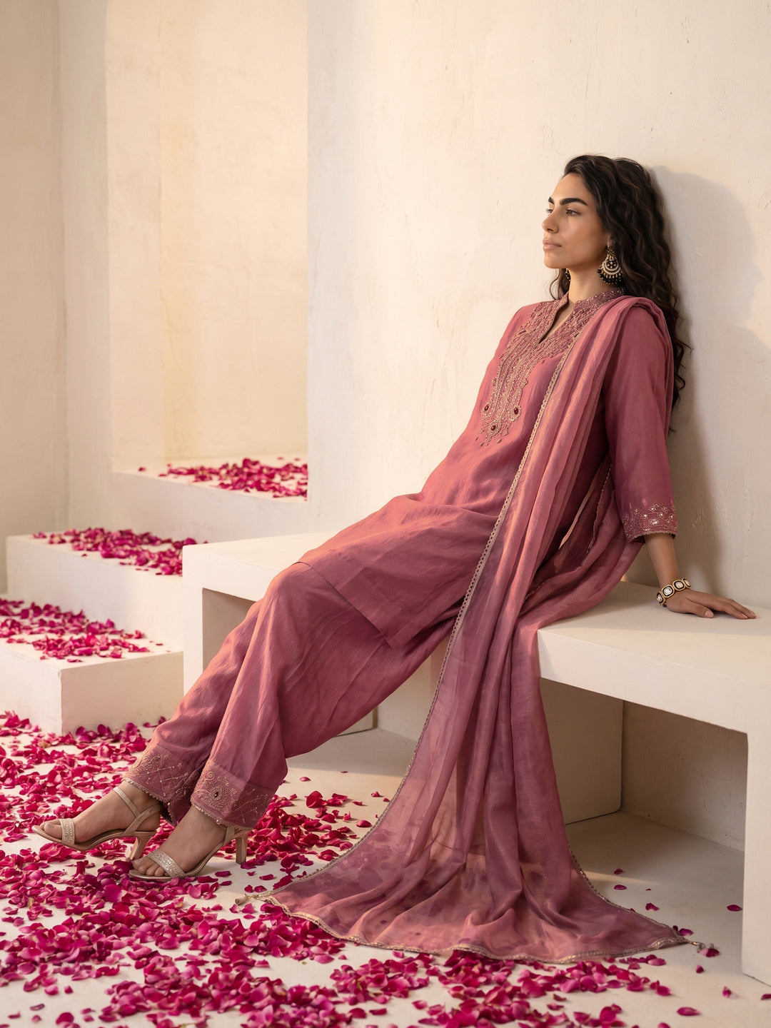 Libas Pink Yoke Design Embellished Tissue Farshi Salwar Suit
