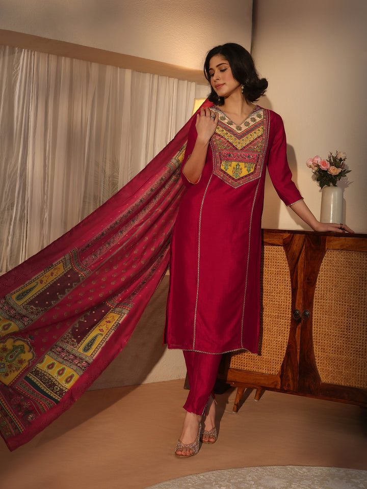 Libas Pink Yoke Design Silk Blend Straight Suit Set