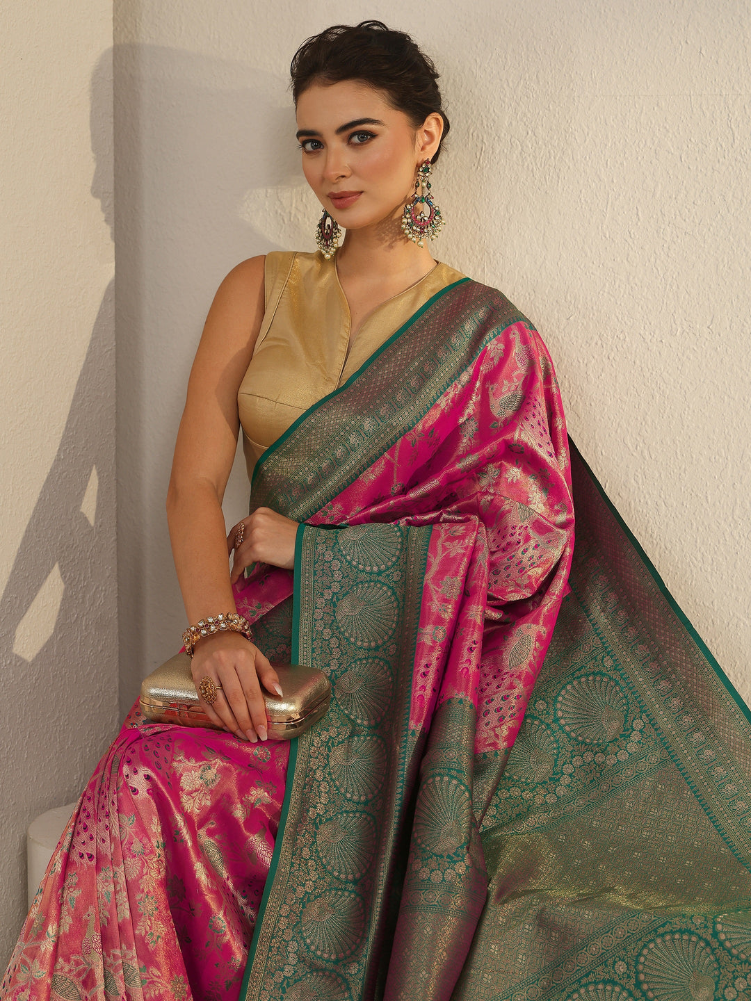 Libas Pink and Blue Floral Woven Design Silk Blend Saree