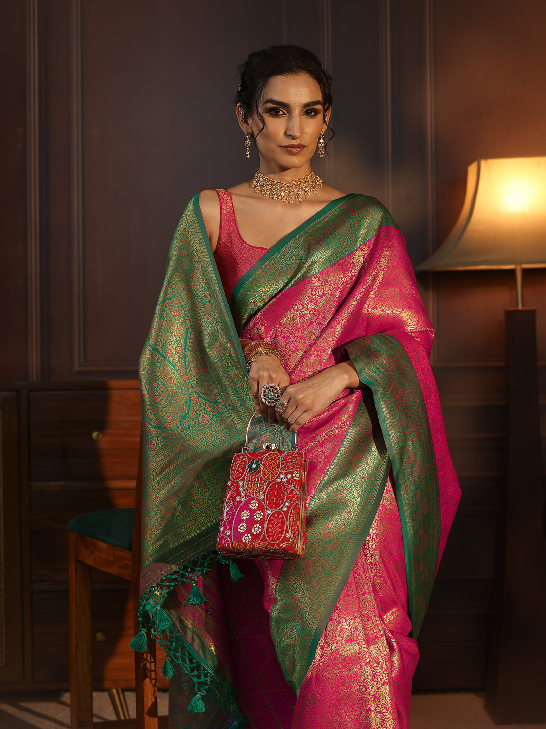 Libas Pink and Green Kanjeevaram Silk Blend Tassel Saree