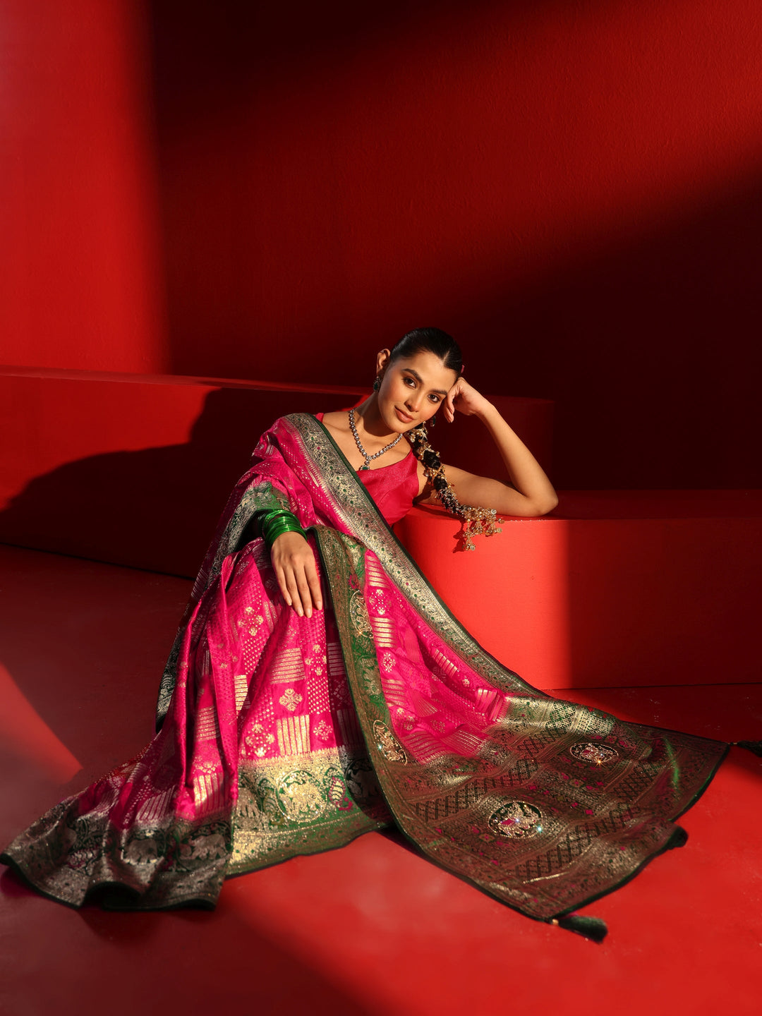 Libas Pink and Green Woven Design Satin Saree with Stone Work