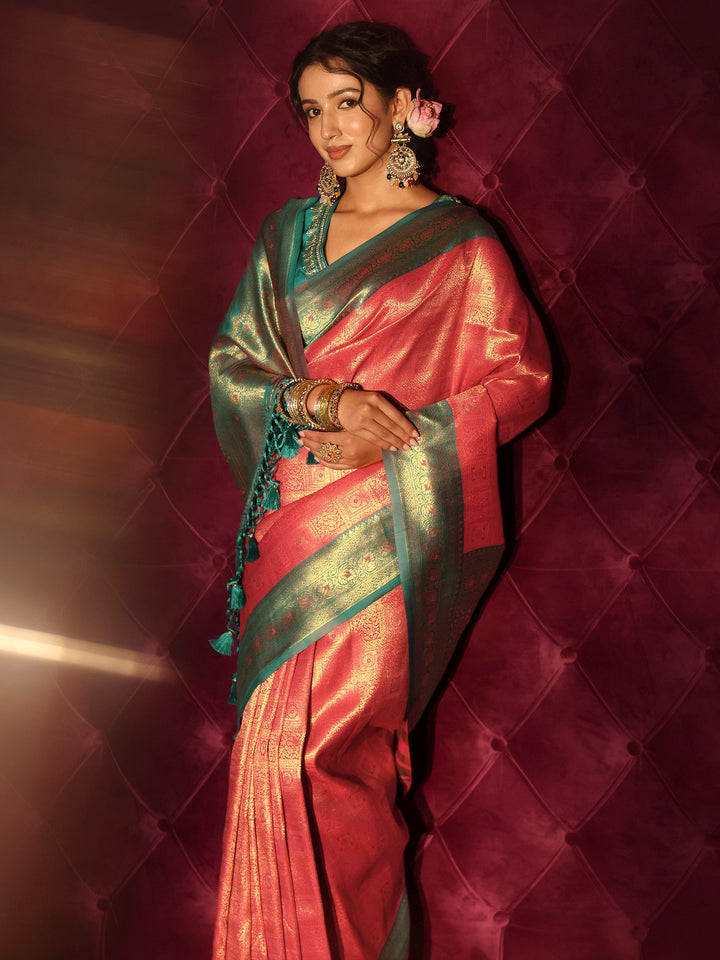 Libas Pink and Teal Banarasi Silk Blend Tassel Saree