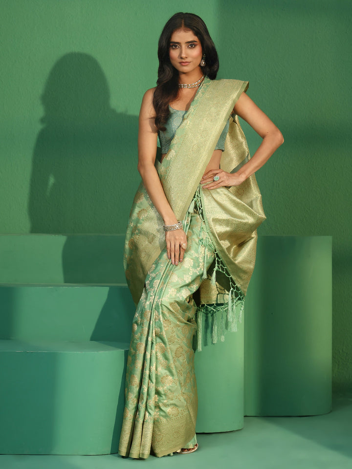 Libas Pista Green Banarasi Silk Blend Saree