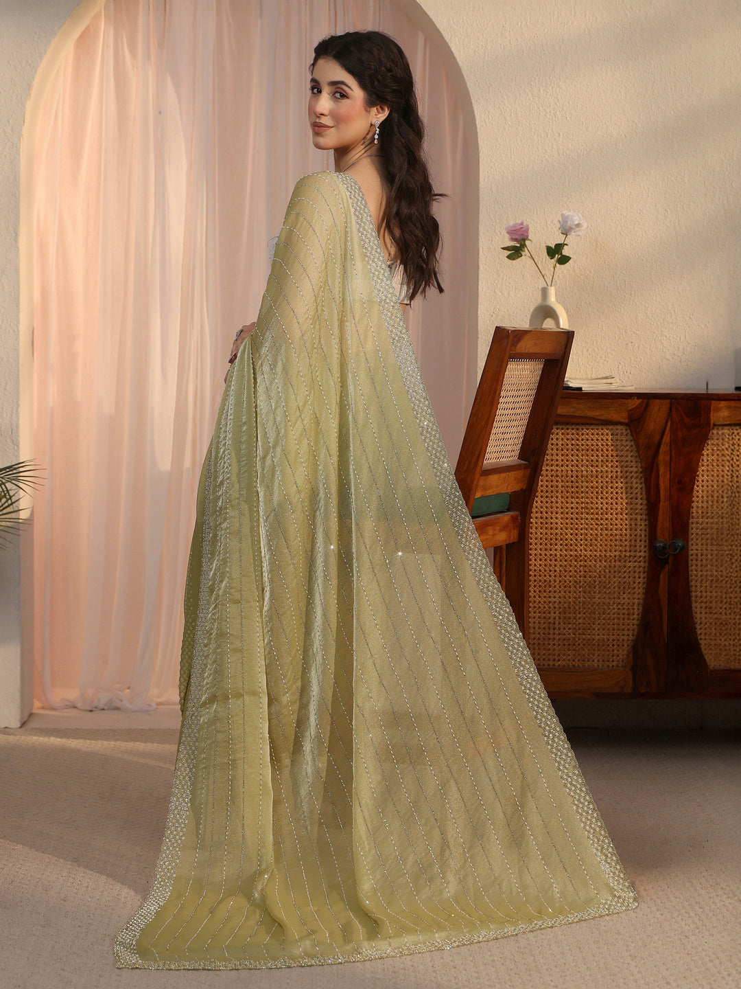 Libas Pista Green Embellished Tissue Saree