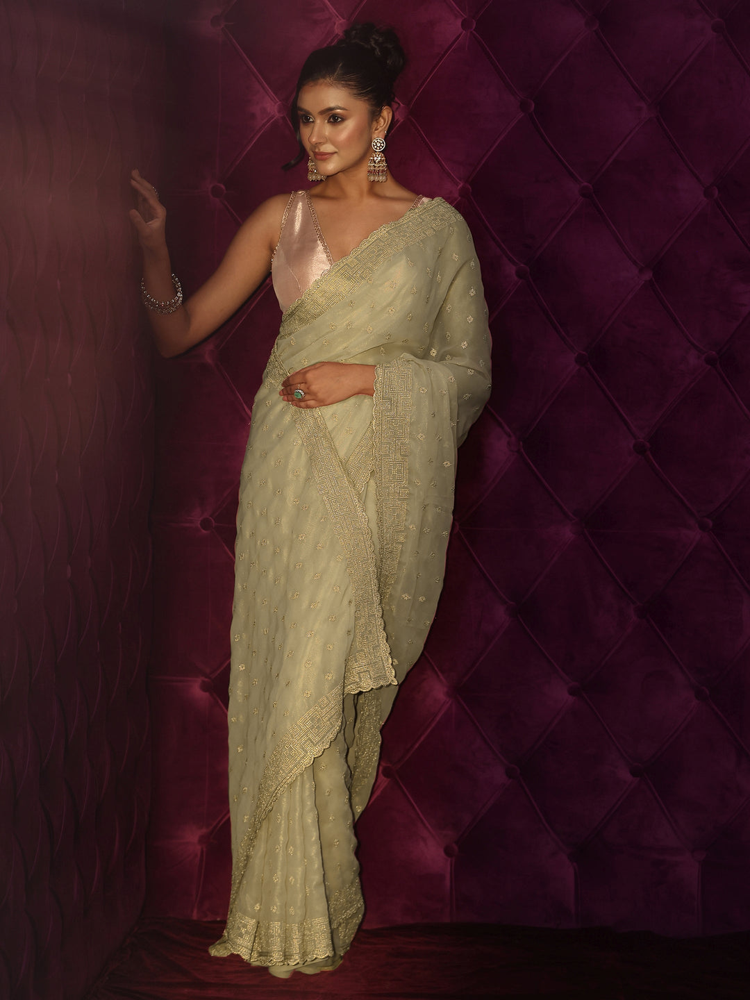 Libas Pista Green Ethnic Embroidered Georgette Saree