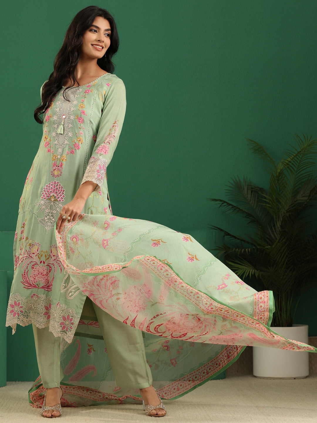 Libas Pista Green Floral Embroidered Crepe Straight Suit Set