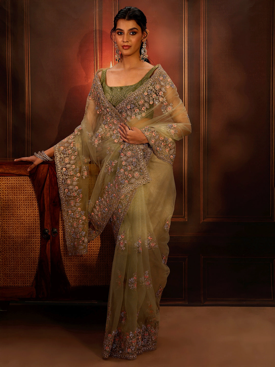 Libas Pista Green Floral Embroidered Net Saree