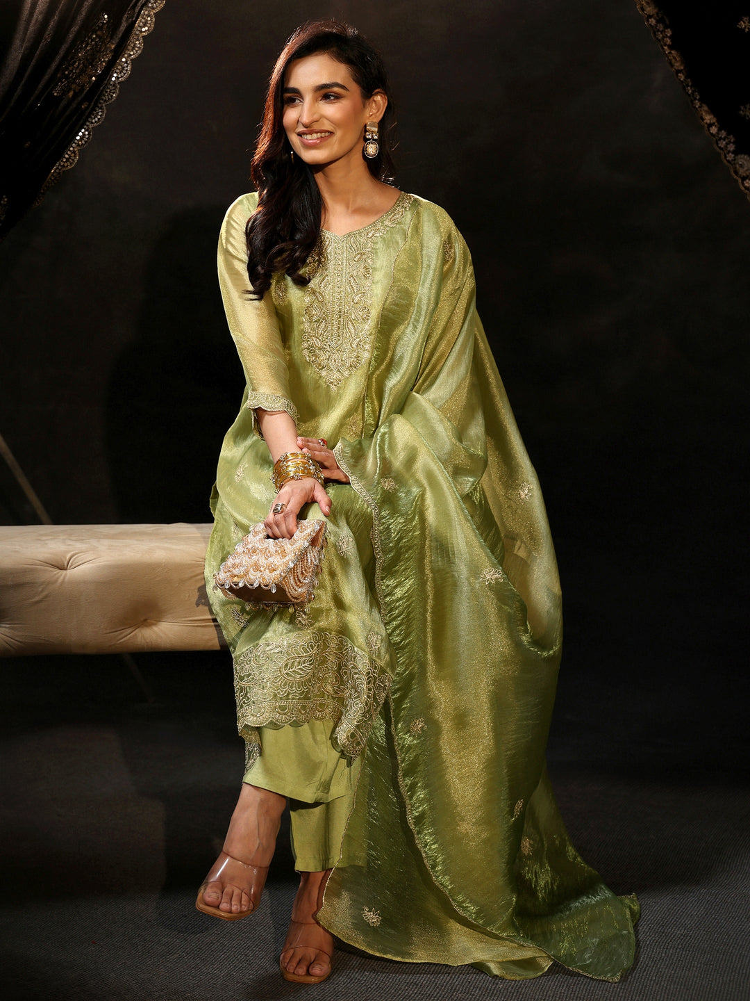 Libas Pista Green Floral Embroidered Organza Straight Suit Set