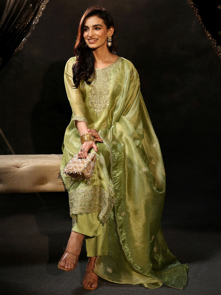 Libas Pista Green Floral Embroidered Organza Straight Suit Set
