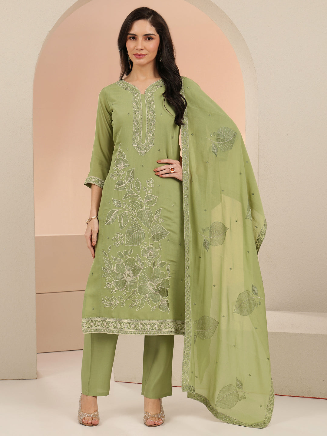 Libas Pista Green Floral Embroidered Silk Blend Straight Suit Set