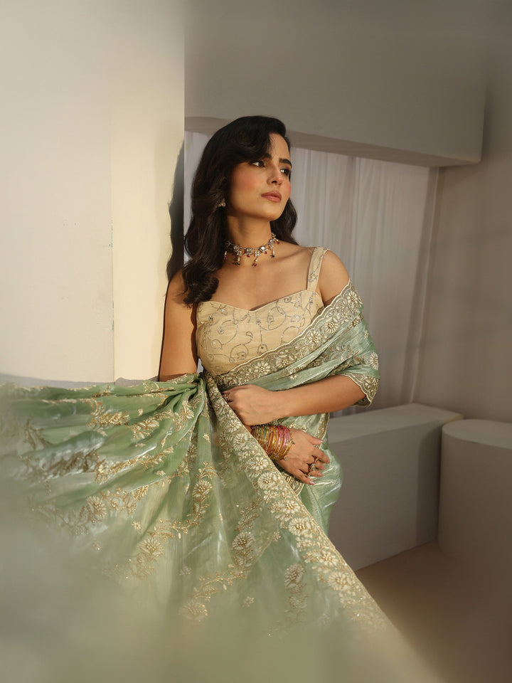 Libas Pista Green Floral Embroidered Tissue Saree