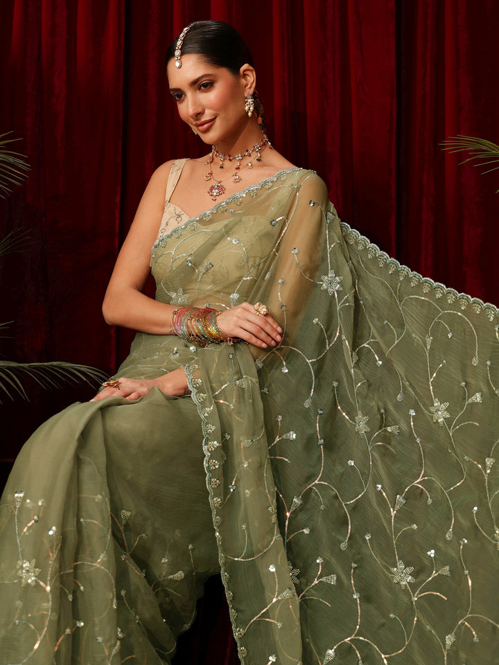 Libas Pista Green Floral Sequin Embellished Chiffon Saree