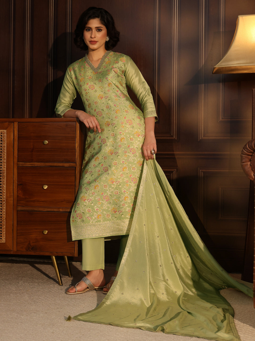 Libas Pista Green Floral Woven Design Silk Blend Straight Suit Set