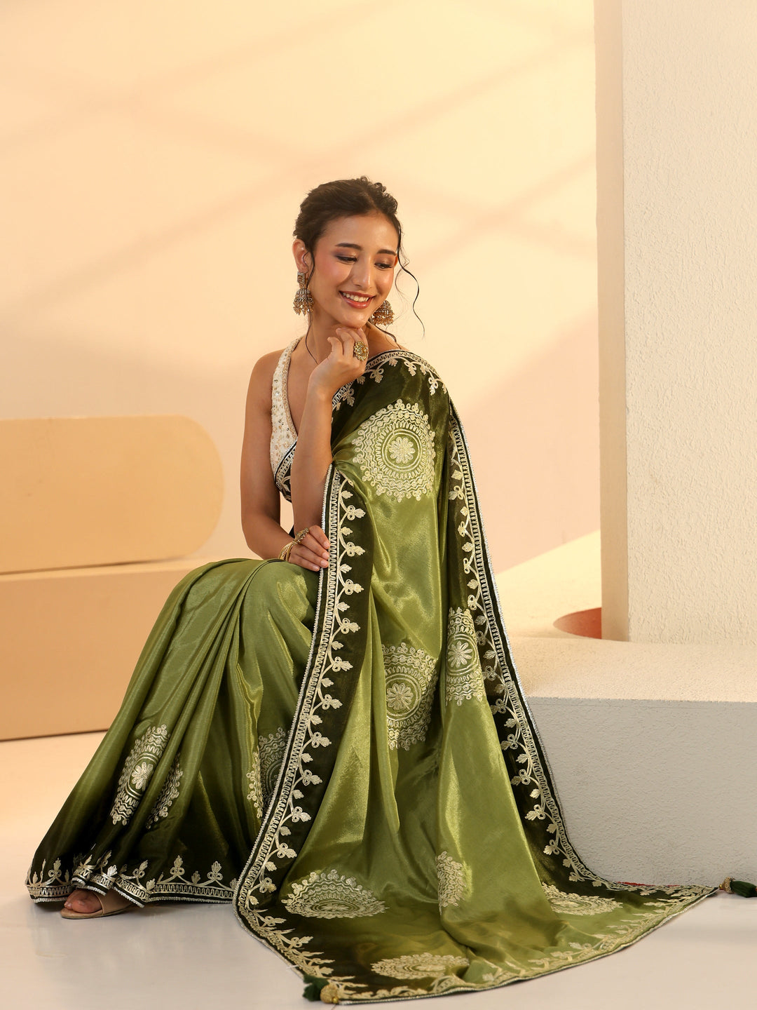 Libas Pista Green Mandala Art Embroidered Ombre Silk Blend Saree