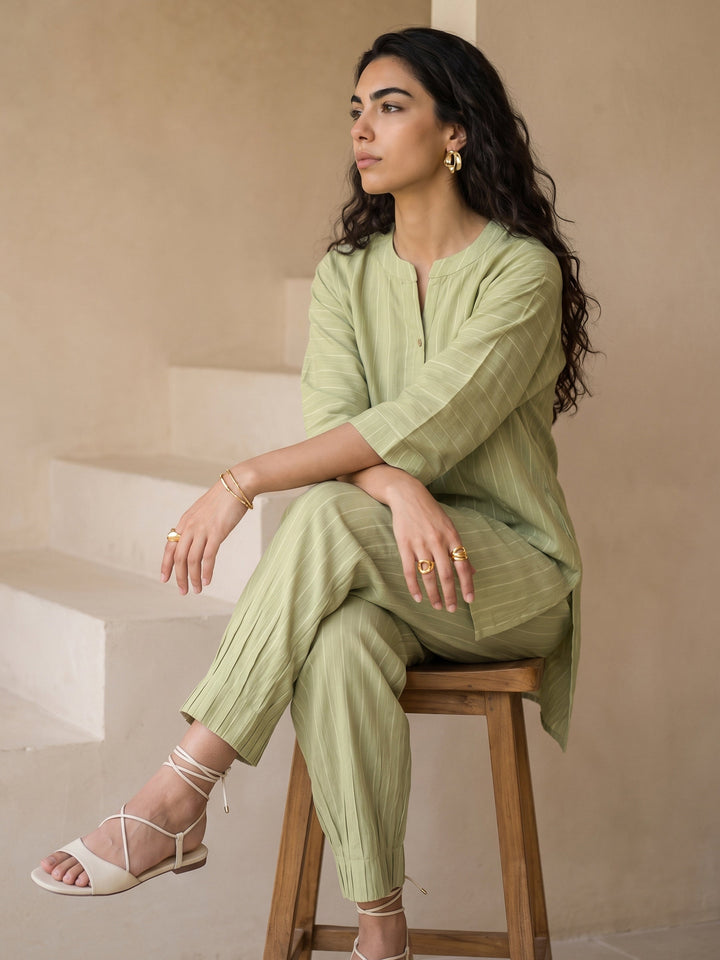 Libas Pista Green Striped Rayon Co-Ord Set