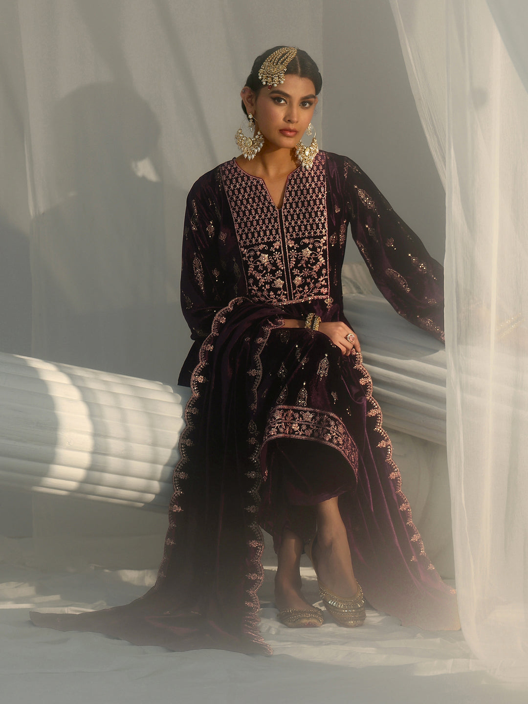 Libas Plum Puprle Floral Embroidered Velvet Straight Suit Set