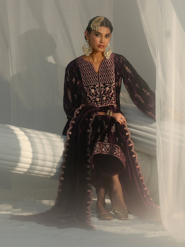 Libas Plum Puprle Floral Embroidered Velvet Straight Suit Set