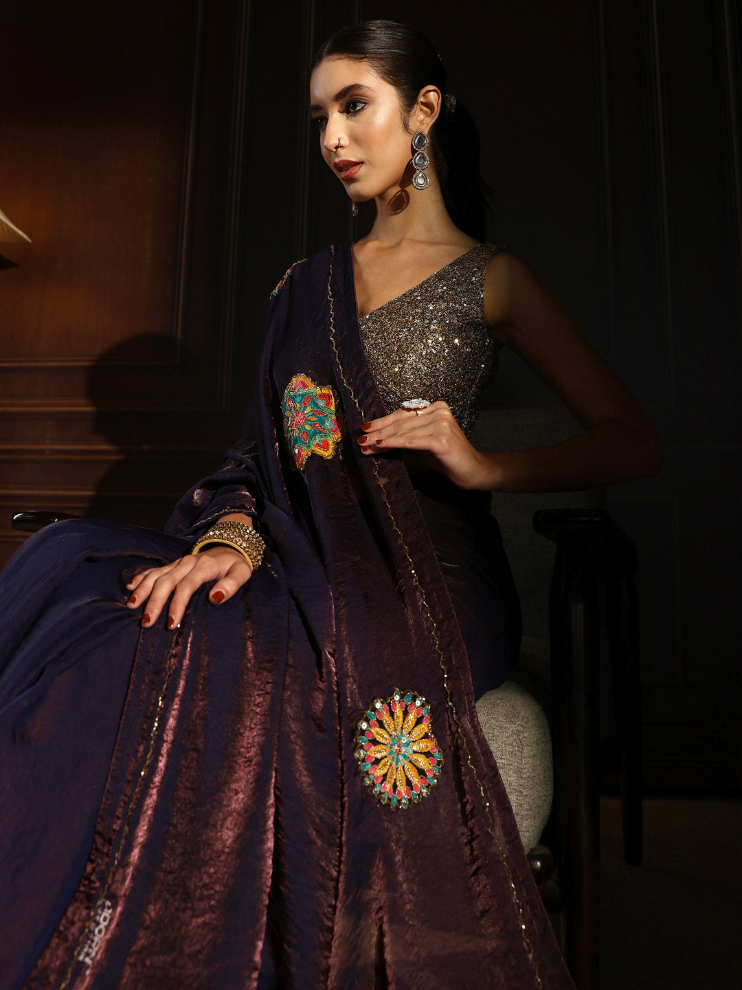 Libas Plum Purple Embellished Satin Saree with Applique Work