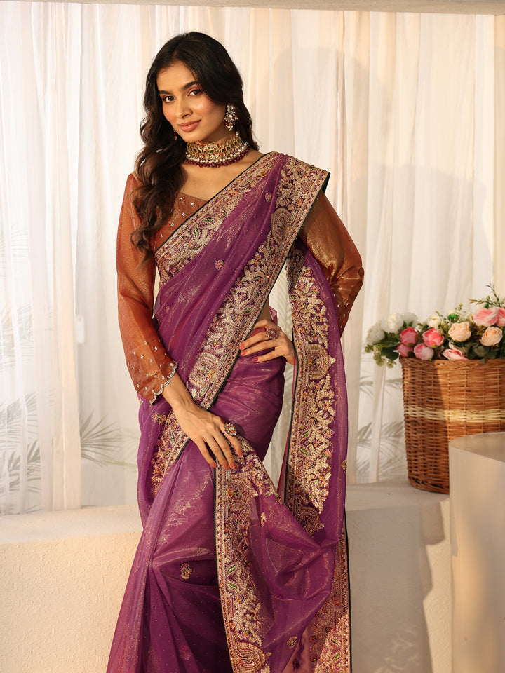 Libas Plum Purple Floral  Embroidered Net Saree