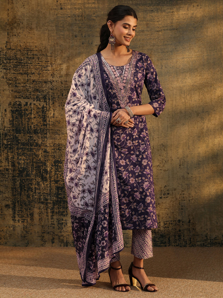 Libas Plum Purple Floral Printed Cotton Straight Suit Set