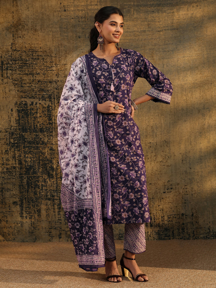 Libas Plum Purple Floral Printed Cotton Straight Suit Set