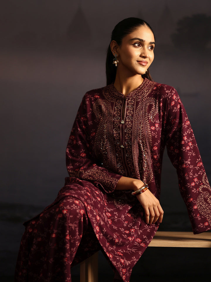 Libas Plum Purple Floral Printed High Low Woolen Co-Ord Set