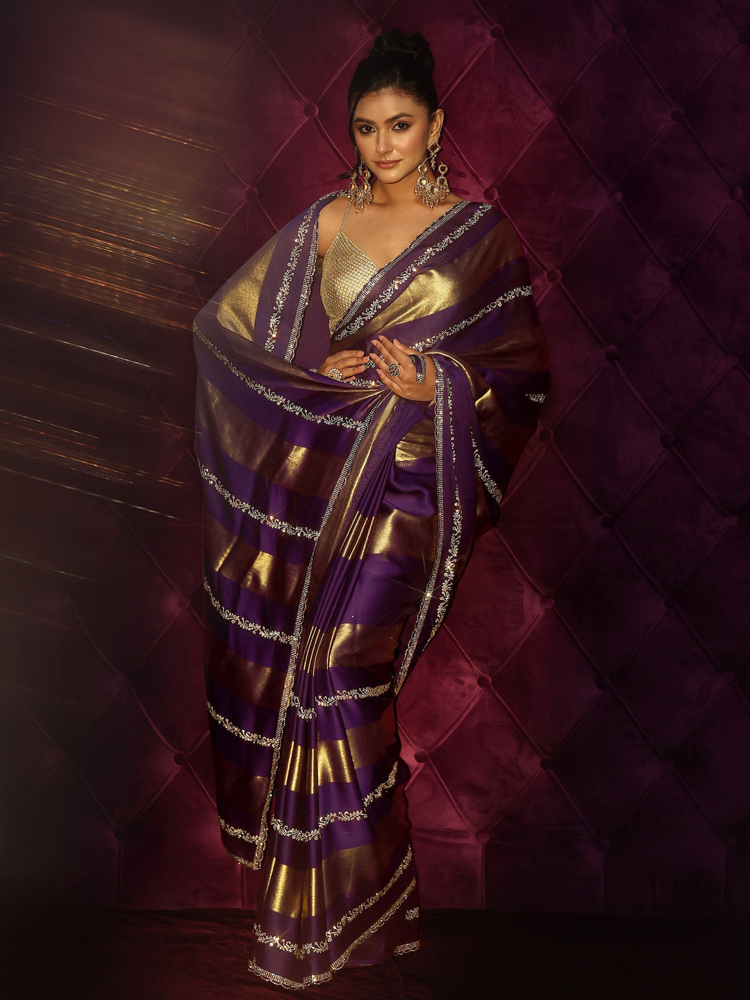 Libas Plum Purple Striped Embellished Silk Saree