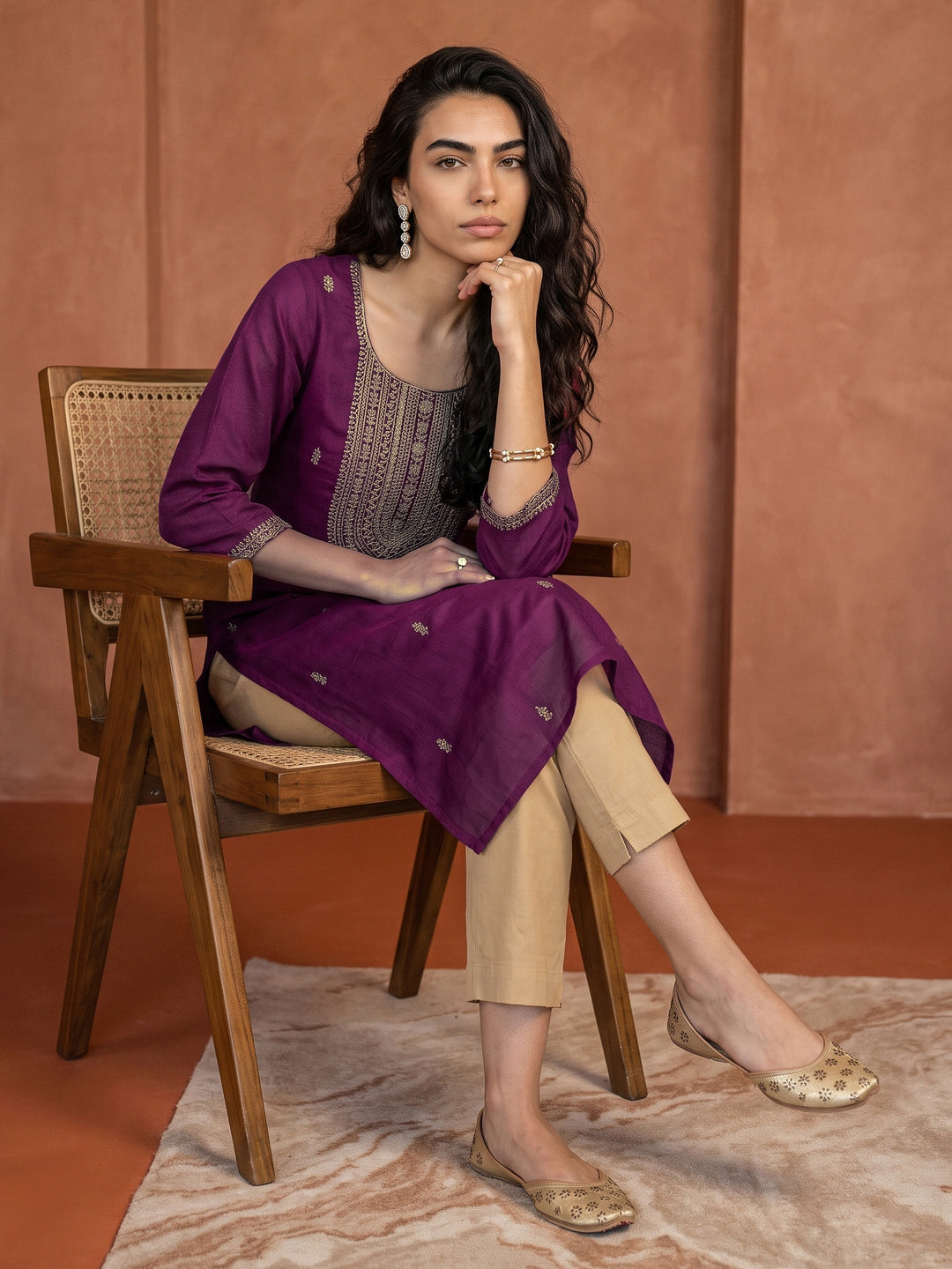 Libas Plum Purple Yoke Design Embroidered Silk Blend Straight Kurta