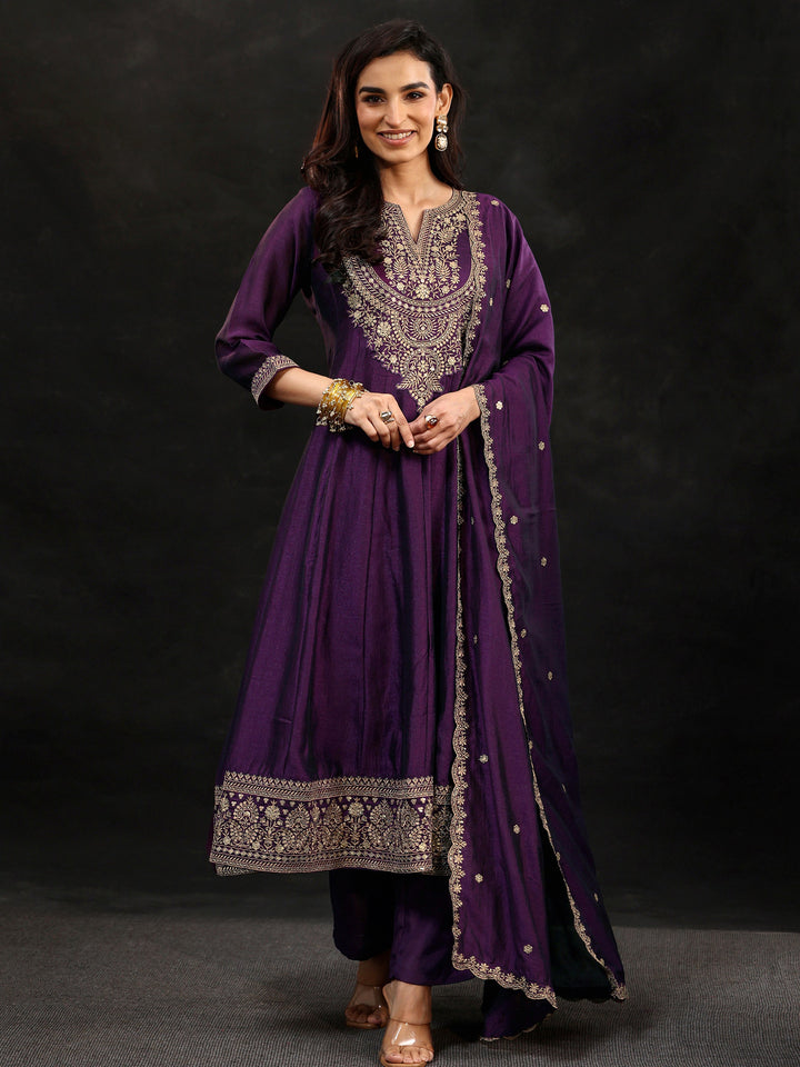 Libas Plum Purple Yoke Embroidered Silk Blend Anarkali Suit Set