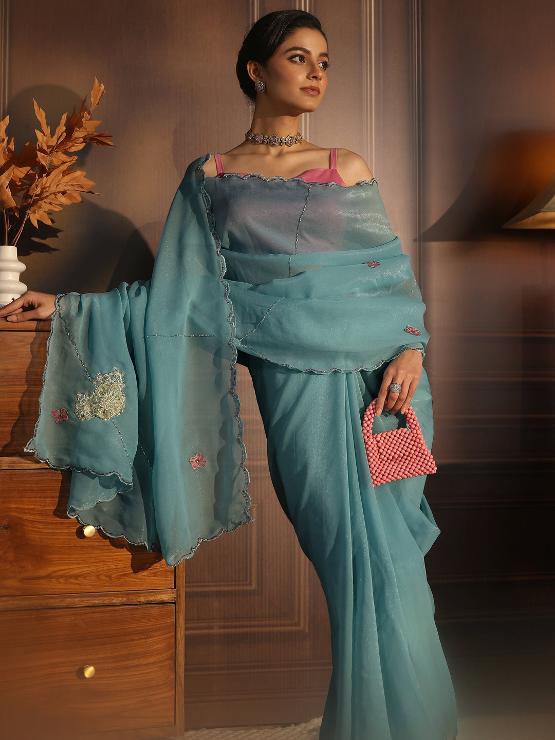 Libas Powder Blue Embellished Floral Motif Silk Blend Saree