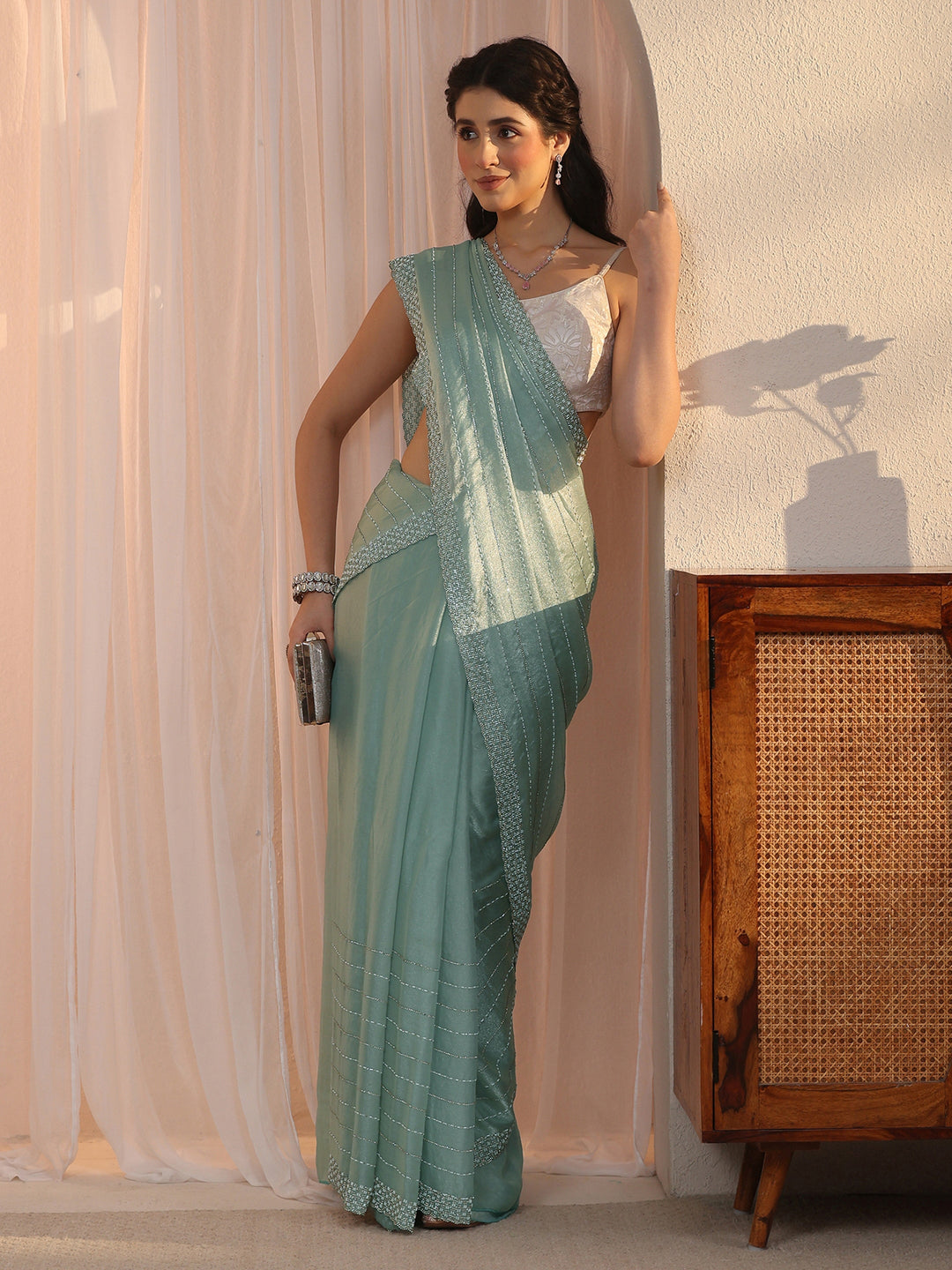Libas Powder Blue Embellished Tissue Saree